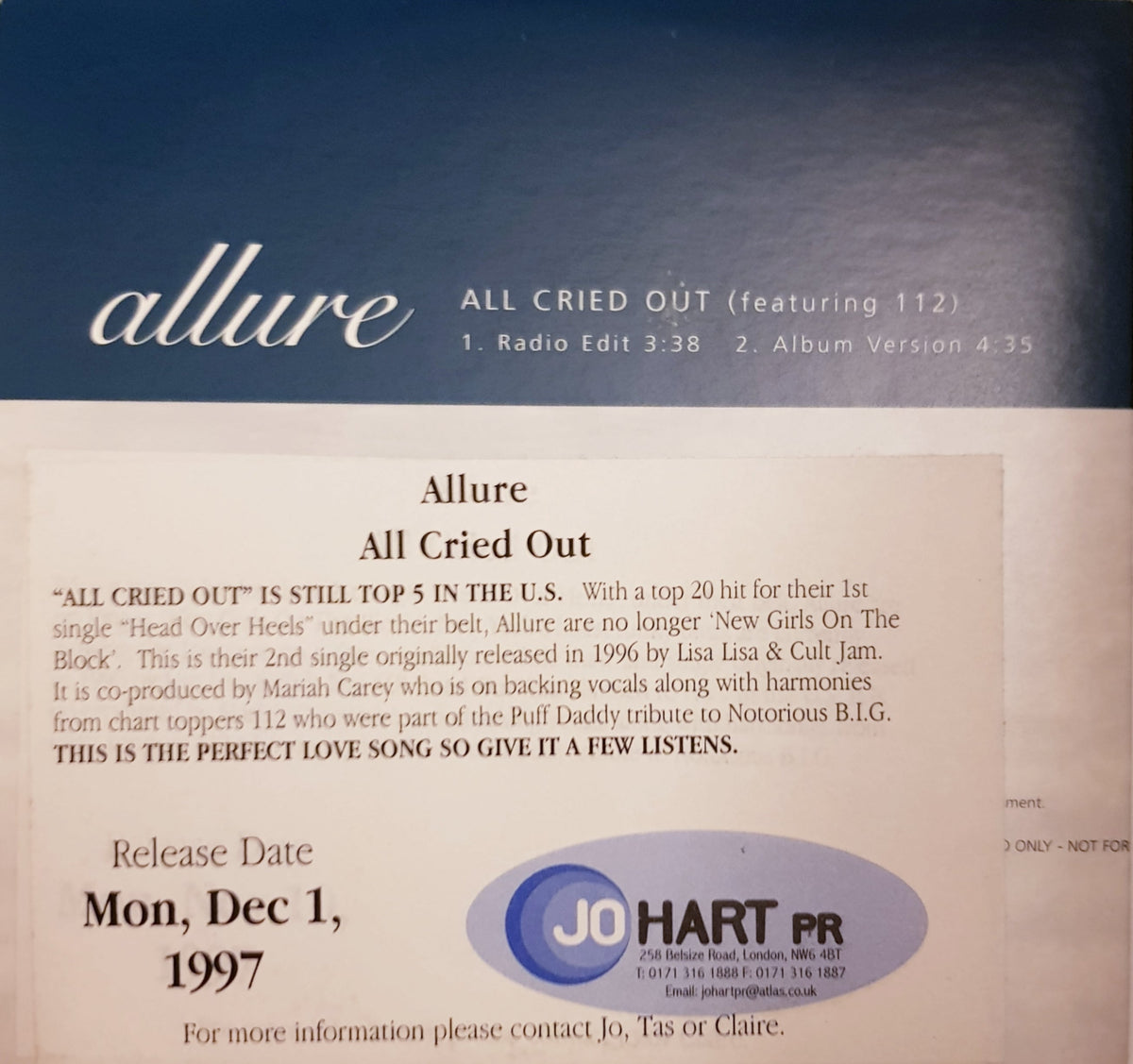 Allure Ft. 112: All Cried Out - UK Promo CD Single (NM/NM)