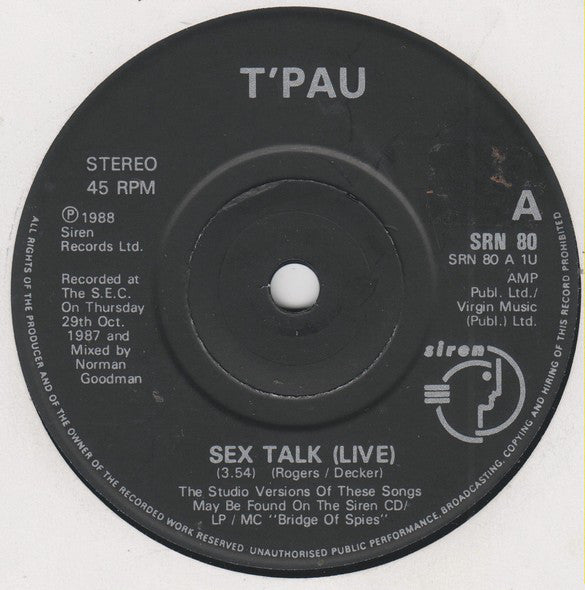 T'Pau : Sex Talk (Live) (7", Single, Pap)